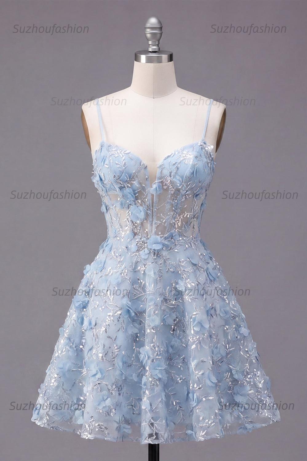 Suzhoufashion Blue Sequin Floral Spaghetti Straps A-Line Corset Short Homecoming Dress