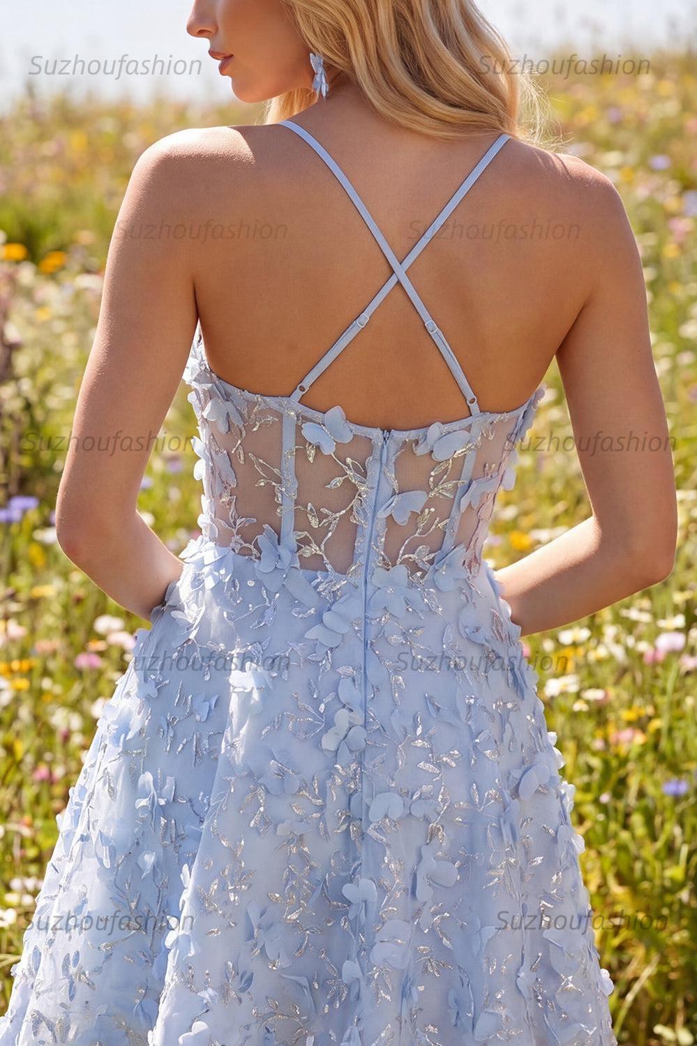 Suzhoufashion Blue Sequin Floral Spaghetti Straps A-Line Corset Short Homecoming Dress