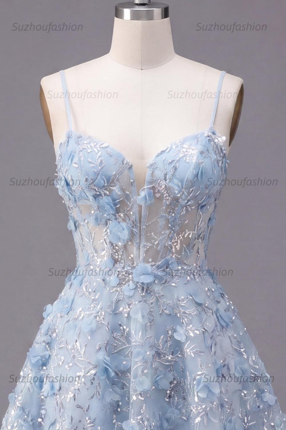 Suzhoufashion Blue Sequin Floral Spaghetti Straps A-Line Corset Short Homecoming Dress