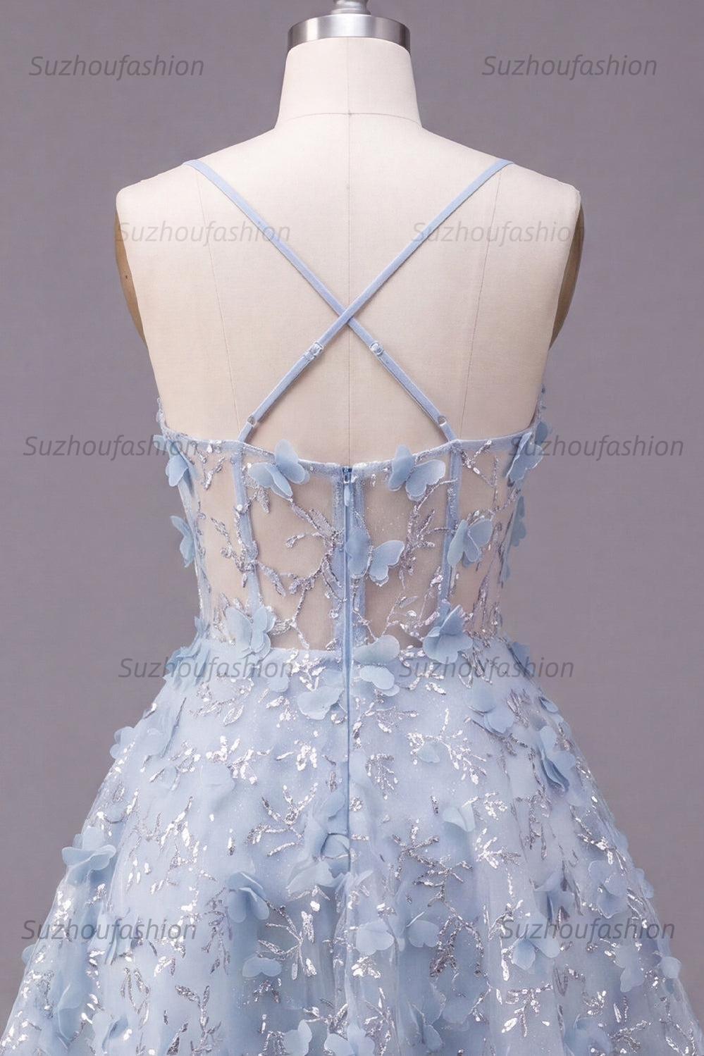 Suzhoufashion Blue Sequin Floral Spaghetti Straps A-Line Corset Short Homecoming Dress