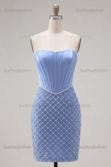 Suzhoufashion Blue Strapless Basque Waist Corset Tight Short Homecoming Dress with Pearls