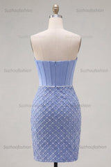 Suzhoufashion Blue Strapless Basque Waist Corset Tight Short Homecoming Dress with Pearls