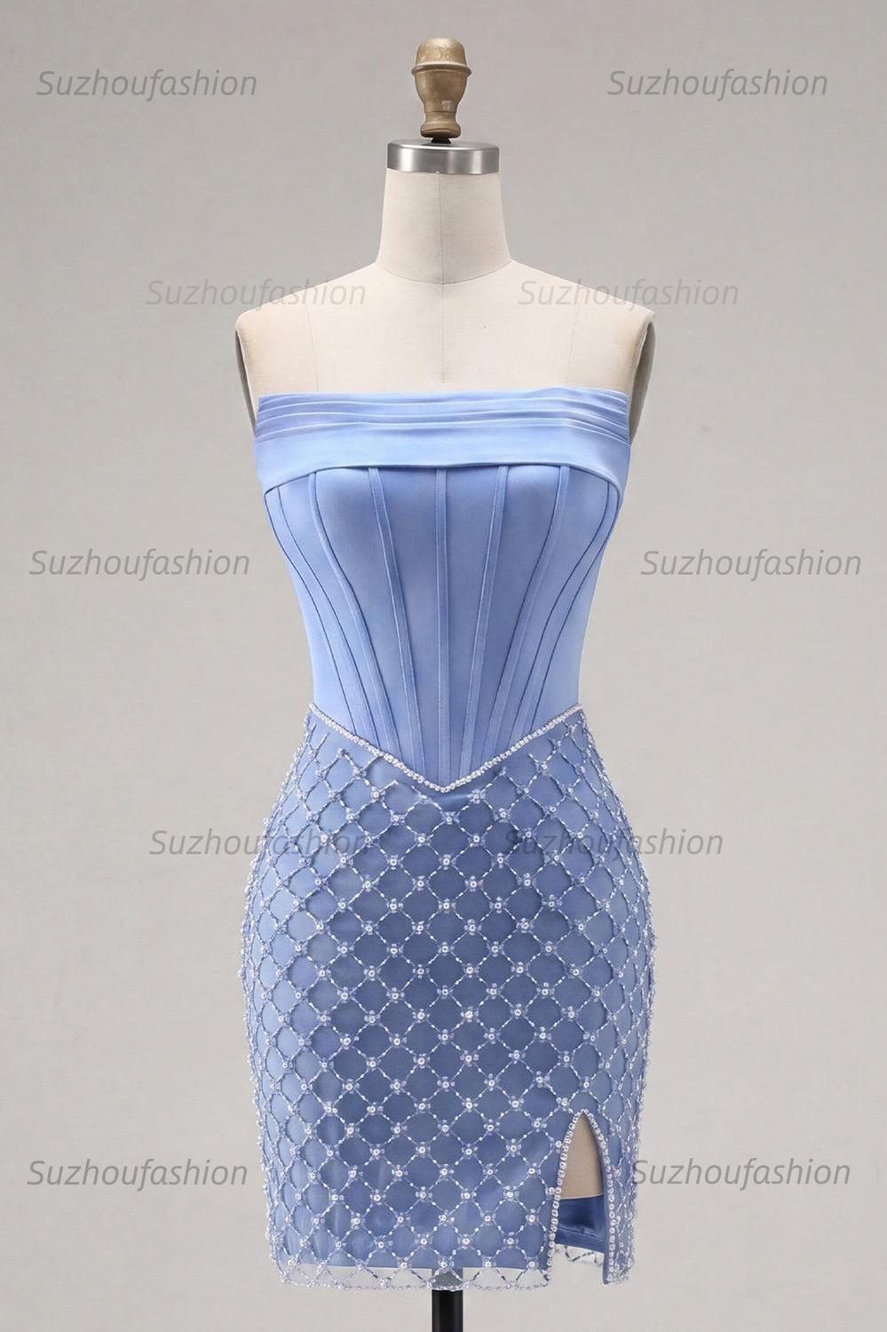 Suzhoufashion Blue Strapless Corset Tight Short Homecoming Dress with Pearl Details