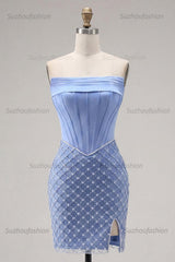 Suzhoufashion Blue Strapless Corset Tight Short Homecoming Dress with Pearl Details