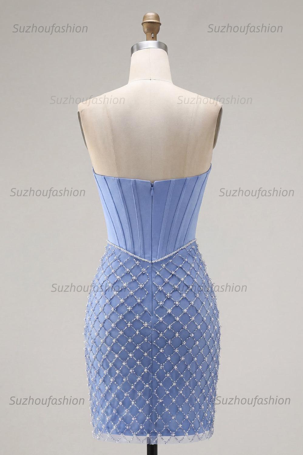 Suzhoufashion Blue Strapless Corset Tight Short Homecoming Dress with Pearl Details