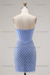 Suzhoufashion Blue Strapless Corset Tight Short Homecoming Dress with Pearl Details
