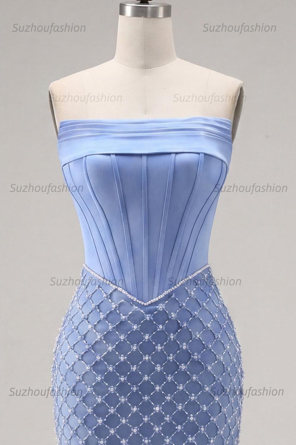 Suzhoufashion Blue Strapless Corset Tight Short Homecoming Dress with Pearl Details