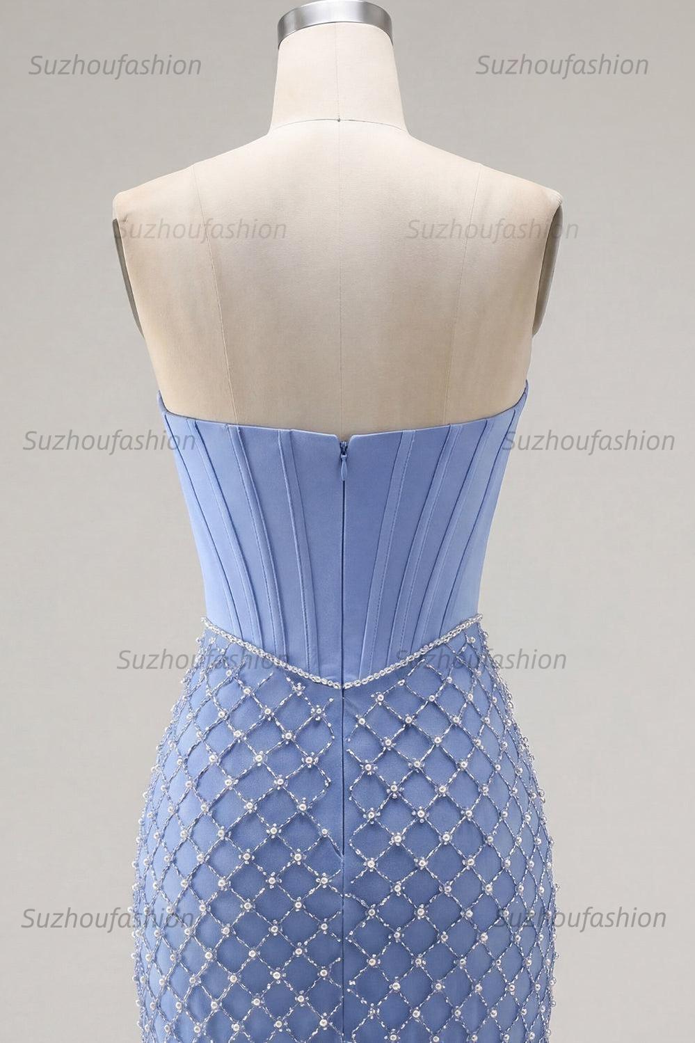 Suzhoufashion Blue Strapless Corset Tight Short Homecoming Dress with Pearl Details