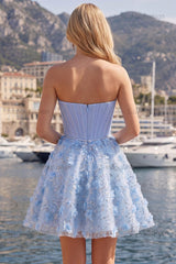 Suzhoufashion Blue Strapless Floral Beaded A-Line Corset Short Homecoming Dress