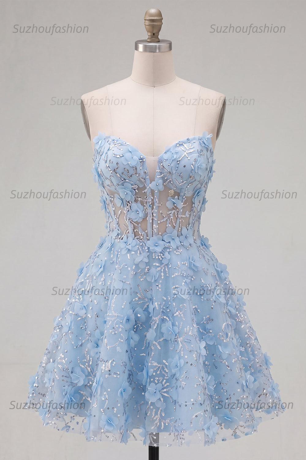 Suzhoufashion Blue Strapless Floral Beaded A-Line Corset Short Homecoming Dress