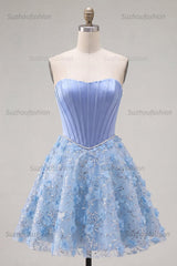 Suzhoufashion Blue Strapless Floral Beaded A-Line Corset Short Homecoming Dress