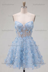 Suzhoufashion Blue Strapless Floral Beaded A-Line Corset Short Homecoming Dress