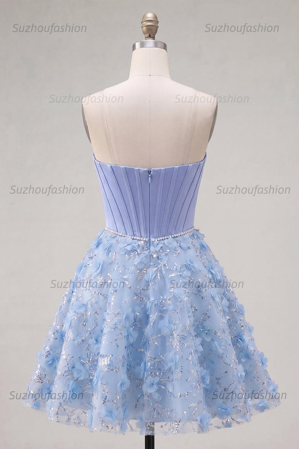 Suzhoufashion Blue Strapless Floral Beaded A-Line Corset Short Homecoming Dress