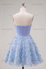 Suzhoufashion Blue Strapless Floral Beaded A-Line Corset Short Homecoming Dress