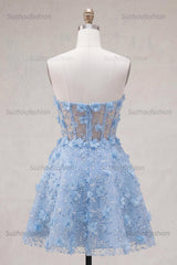Suzhoufashion Blue Strapless Floral Beaded A-Line Corset Short Homecoming Dress