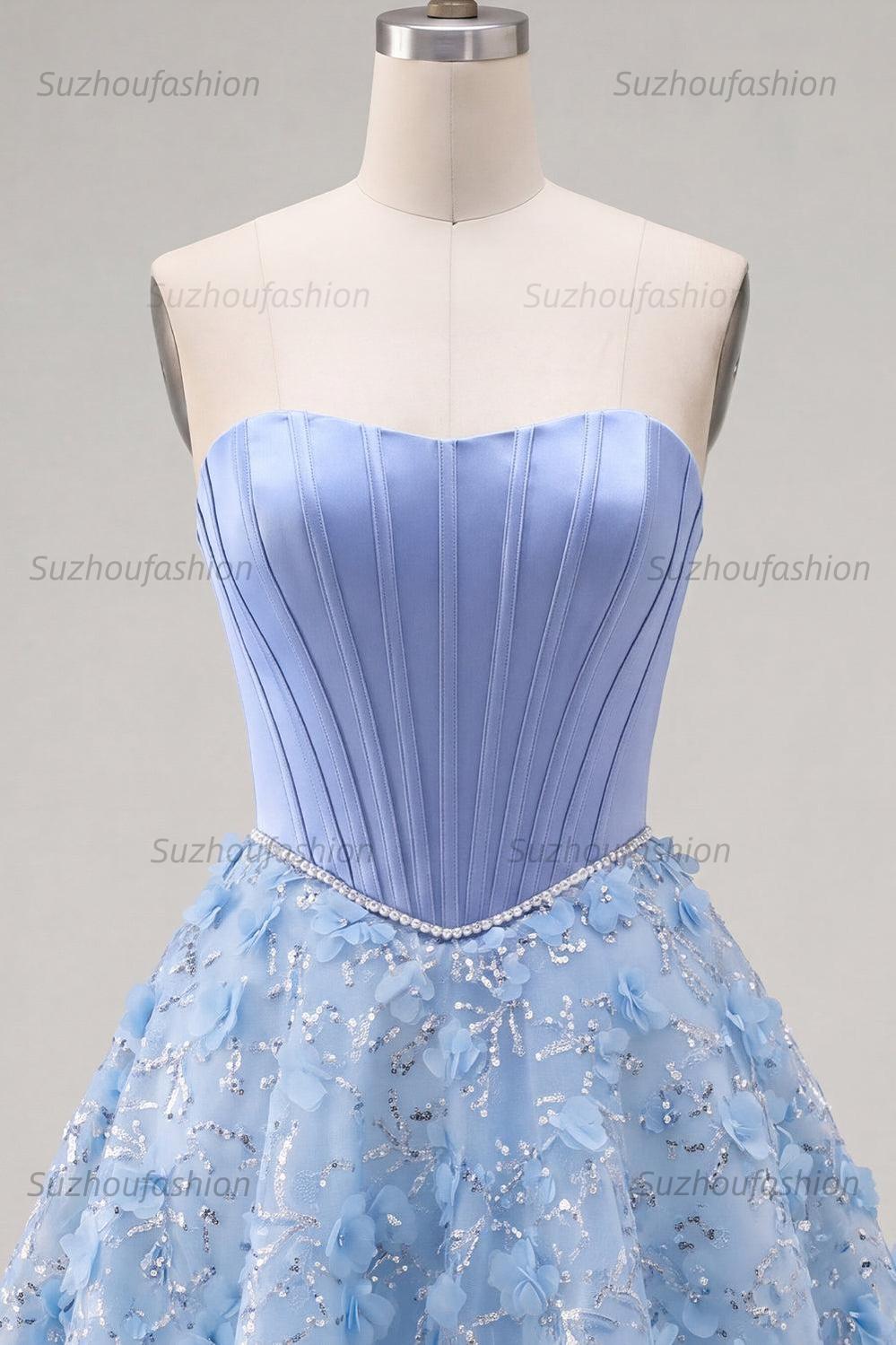 Suzhoufashion Blue Strapless Floral Beaded A-Line Corset Short Homecoming Dress