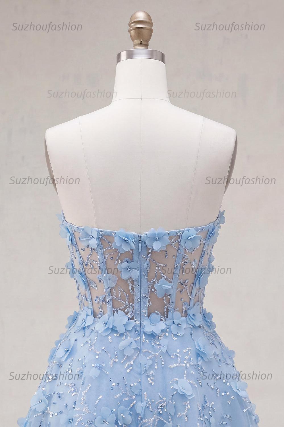 Suzhoufashion Blue Strapless Floral Beaded A-Line Corset Short Homecoming Dress