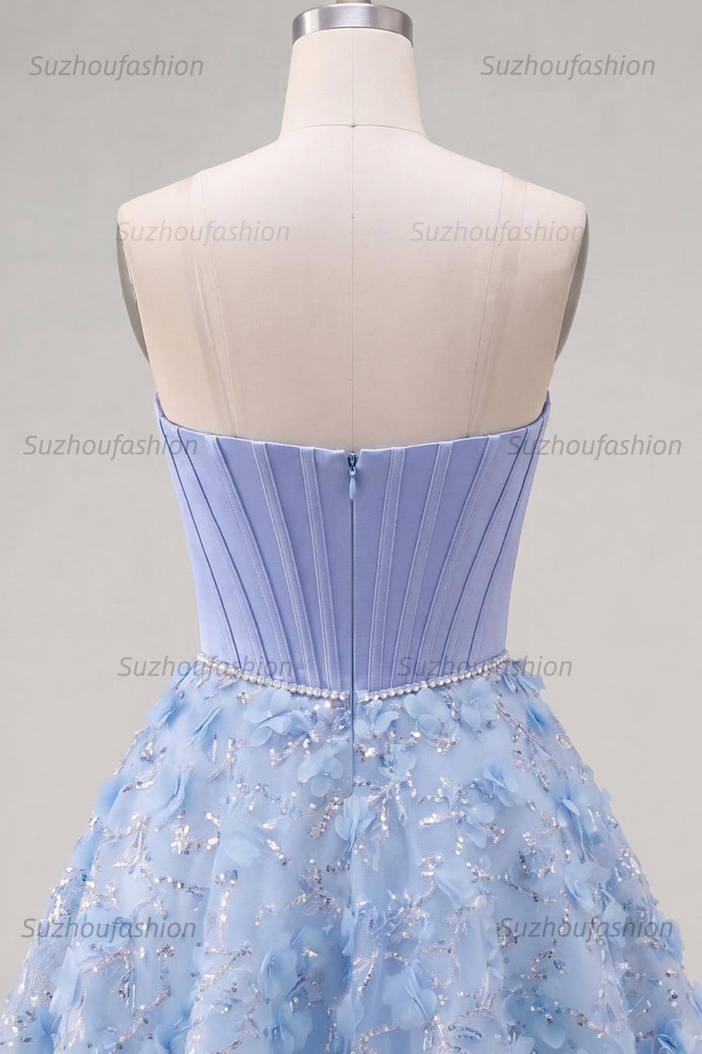 Suzhoufashion Blue Strapless Floral Beaded A-Line Corset Short Homecoming Dress