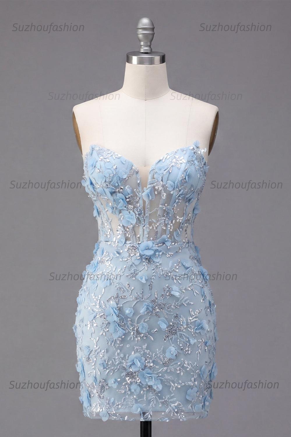 Suzhoufashion Blue Strapless Floral Beaded Corset Tight Short Homecoming Dress