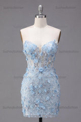 Suzhoufashion Blue Strapless Floral Beaded Corset Tight Short Homecoming Dress