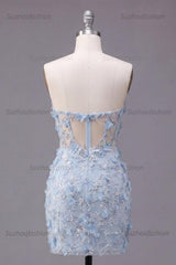 Suzhoufashion Blue Strapless Floral Beaded Corset Tight Short Homecoming Dress
