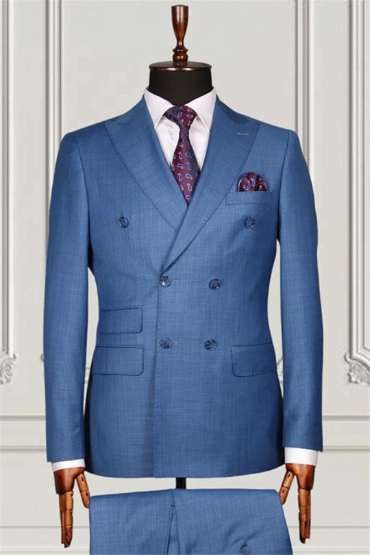Suzhoufashion Blue Three Pieces Plaid Peaked Lapel Men Suits
