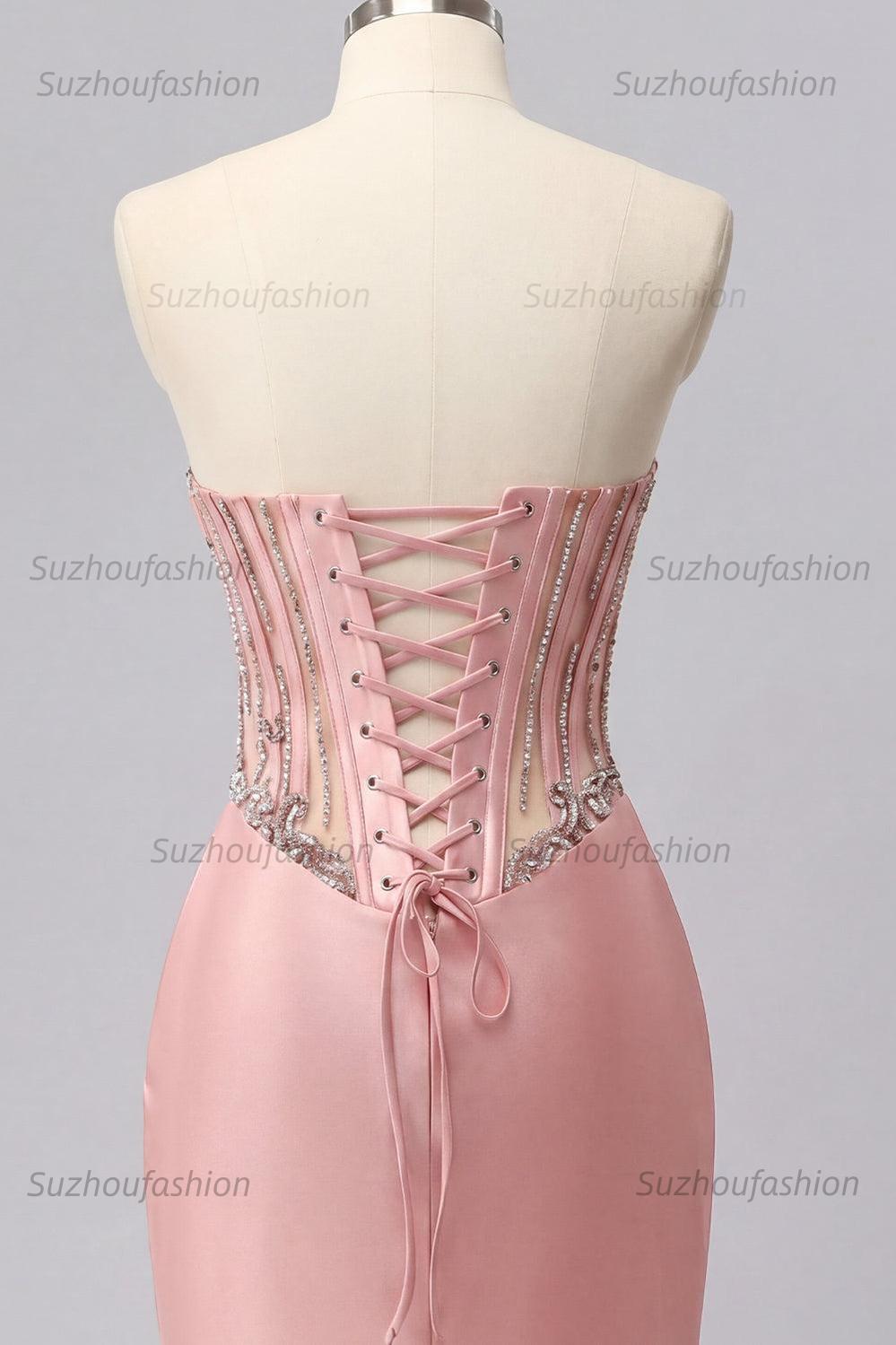 Suzhoufashion Blush Basque Waist Beaded Ruched Corset Tight Short Homecoming Dress