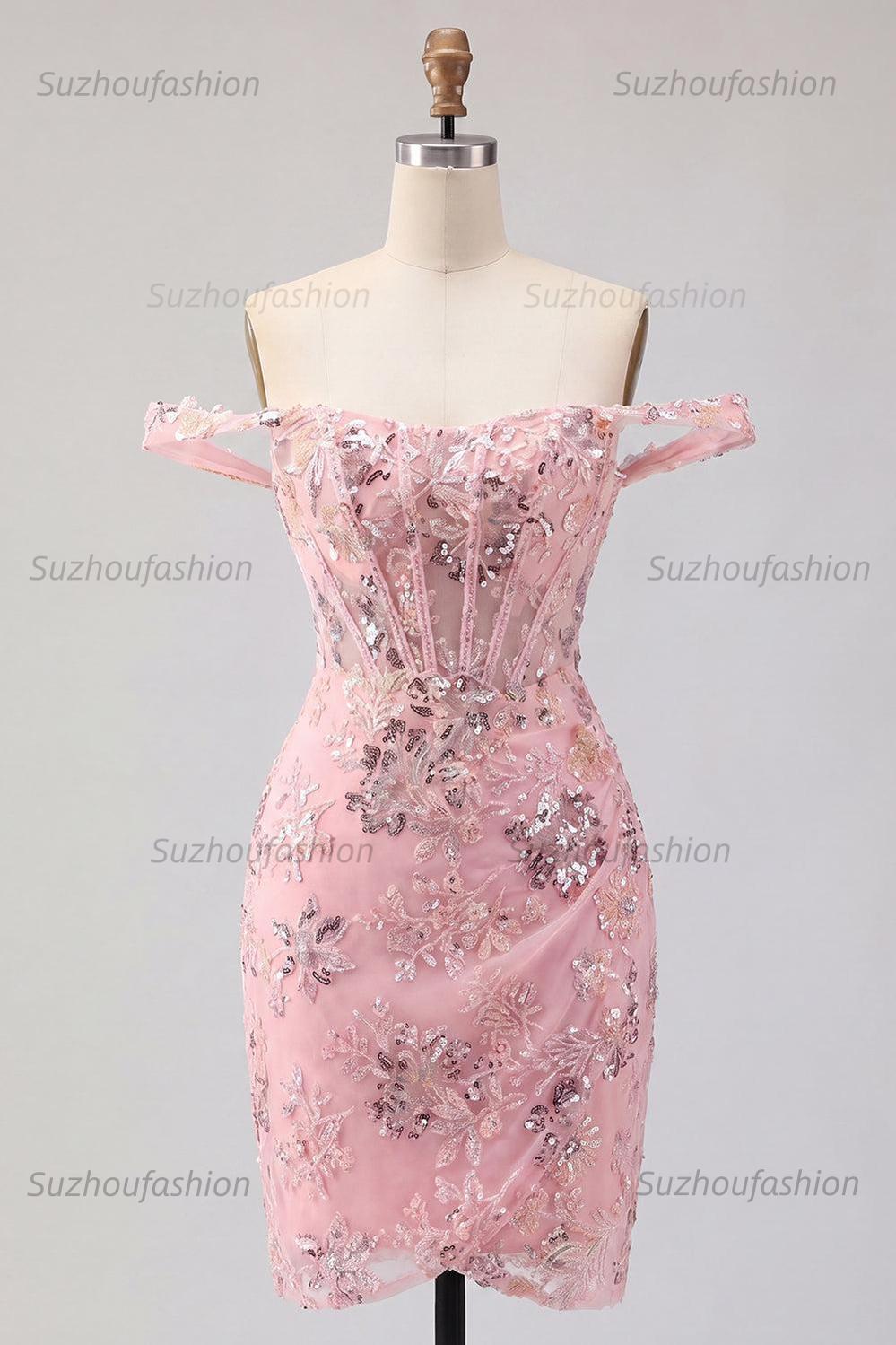 Suzhoufashion Blush Floral Beaded Corset Tight Short Homecoming Dress