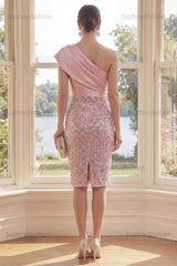 Suzhoufashion Blush One Shoulder Sequin Bodycon Knee-Length Homecoming Dress with 3D Flowers