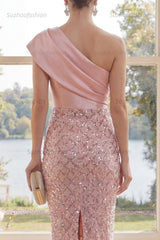 Suzhoufashion Blush One Shoulder Sequin Bodycon Knee-Length Homecoming Dress with 3D Flowers