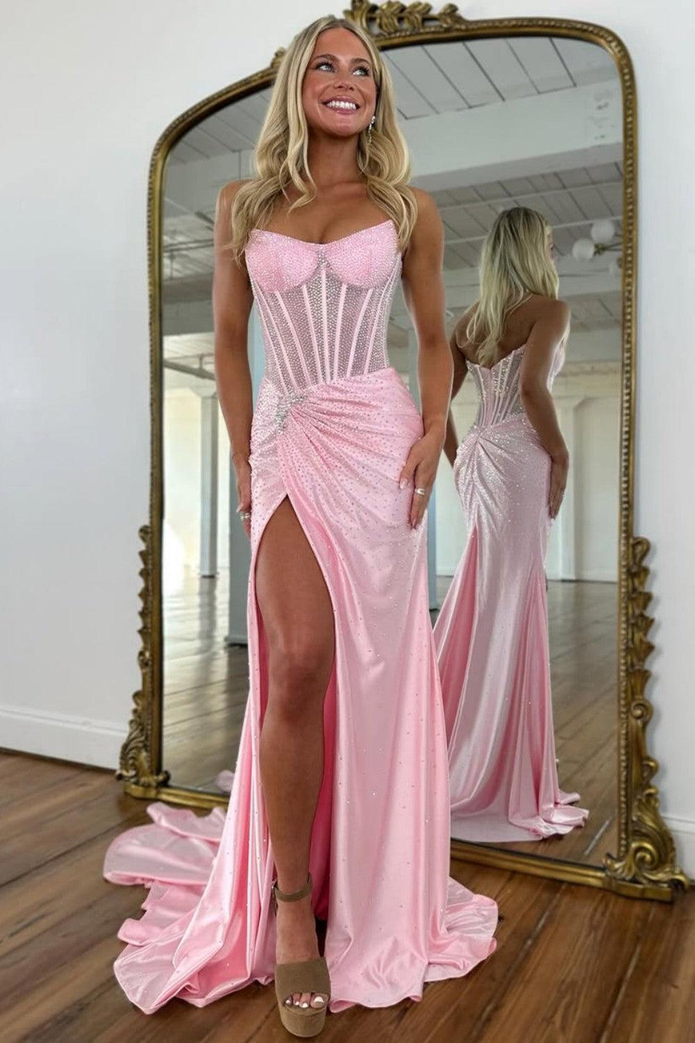 Suzhoufashion Blush Pink Corset Long Beaded Prom Dress With Rhinestone Details Formal Evening Gown