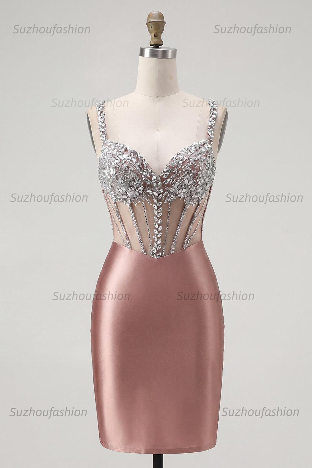 Suzhoufashion Blush Spaghetti Straps Beaded Corset Tight Short Homecoming Dress