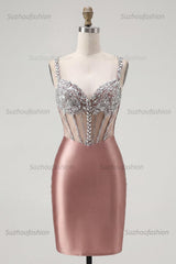 Suzhoufashion Blush Spaghetti Straps Beaded Corset Tight Short Homecoming Dress