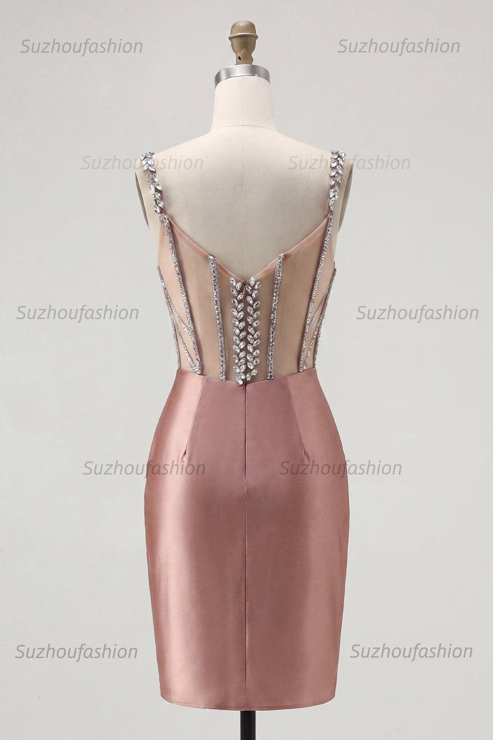 Suzhoufashion Blush Spaghetti Straps Beaded Corset Tight Short Homecoming Dress