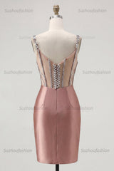 Suzhoufashion Blush Spaghetti Straps Beaded Corset Tight Short Homecoming Dress