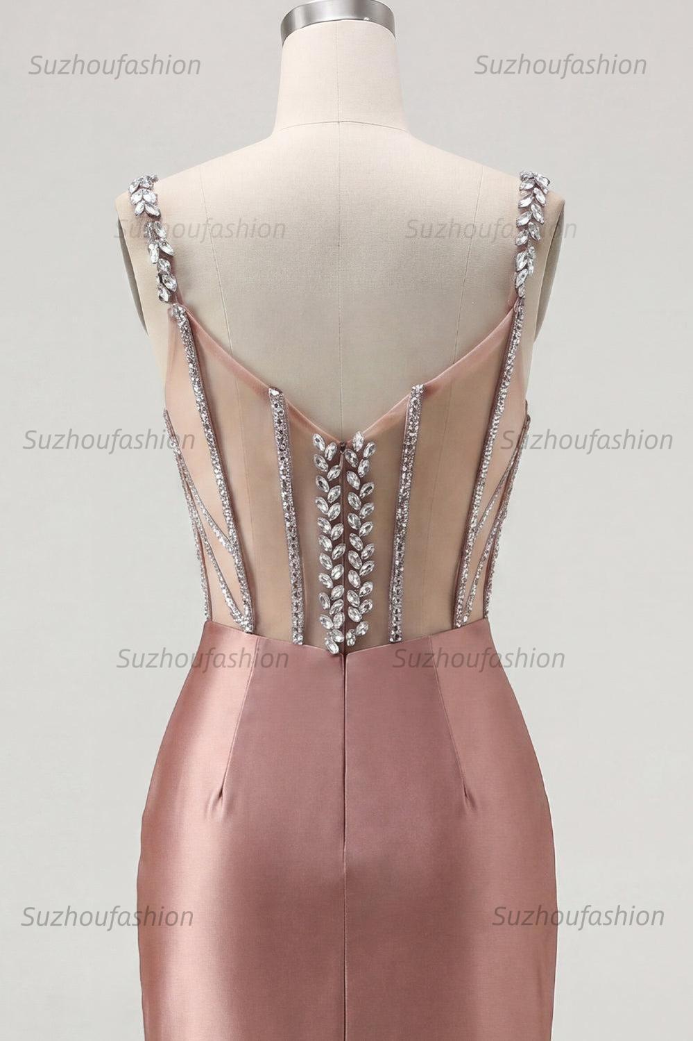 Suzhoufashion Blush Spaghetti Straps Beaded Corset Tight Short Homecoming Dress