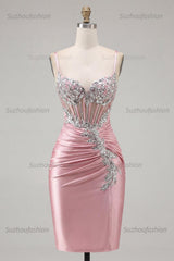 Suzhoufashion Blush Spaghetti Straps Beaded Tight Corset Short Homecoming Dress