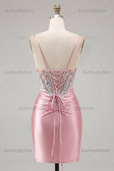 Suzhoufashion Blush Spaghetti Straps Beaded Tight Corset Short Homecoming Dress