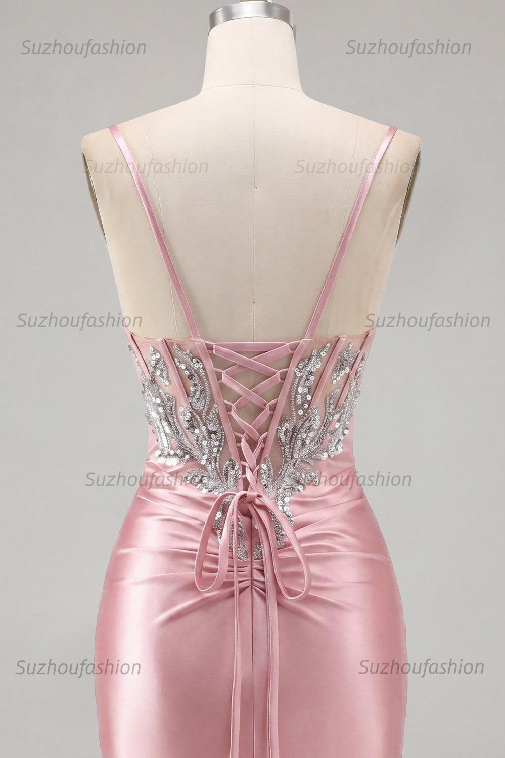 Suzhoufashion Blush Spaghetti Straps Beaded Tight Corset Short Homecoming Dress