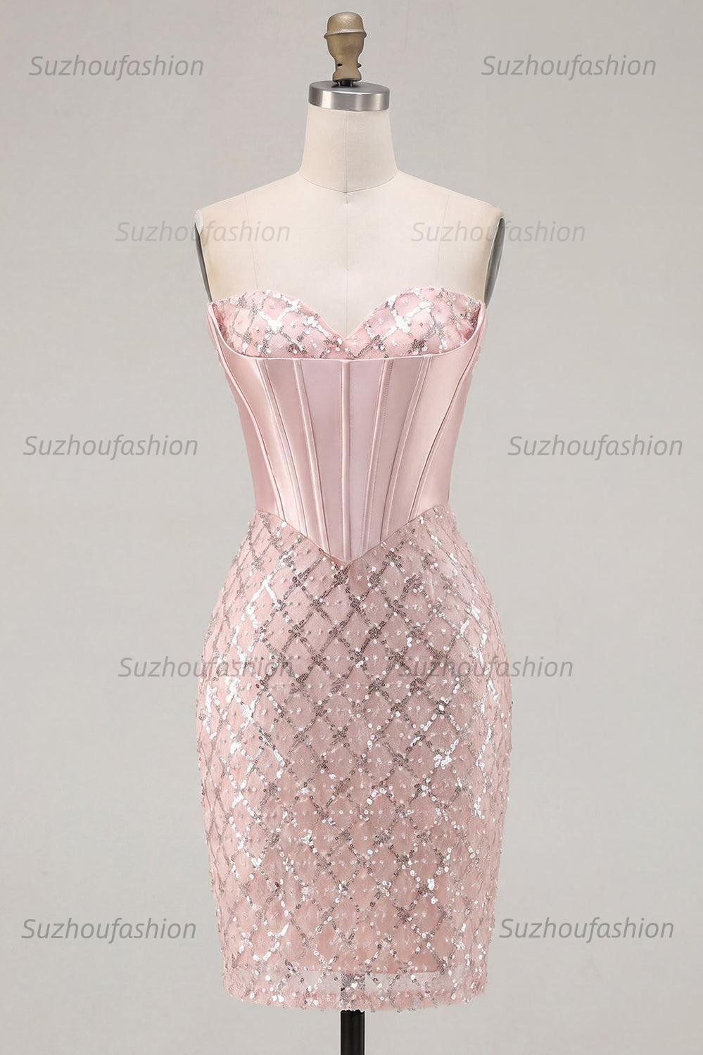 Suzhoufashion Blush Strapless Beaded Corset Tight Short Homecoming Dress