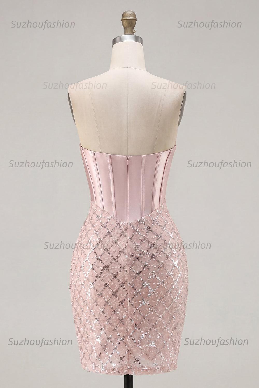 Suzhoufashion Blush Strapless Beaded Corset Tight Short Homecoming Dress