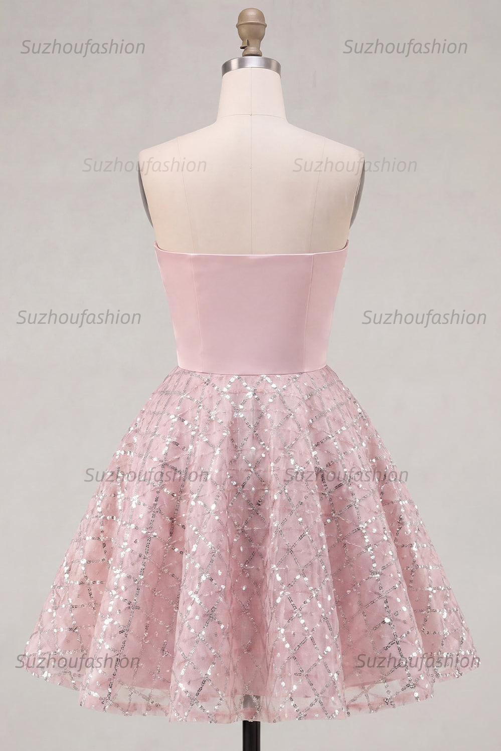 Suzhoufashion Blush Strapless Beaded Ruched A-Line Short Homecoming Dress