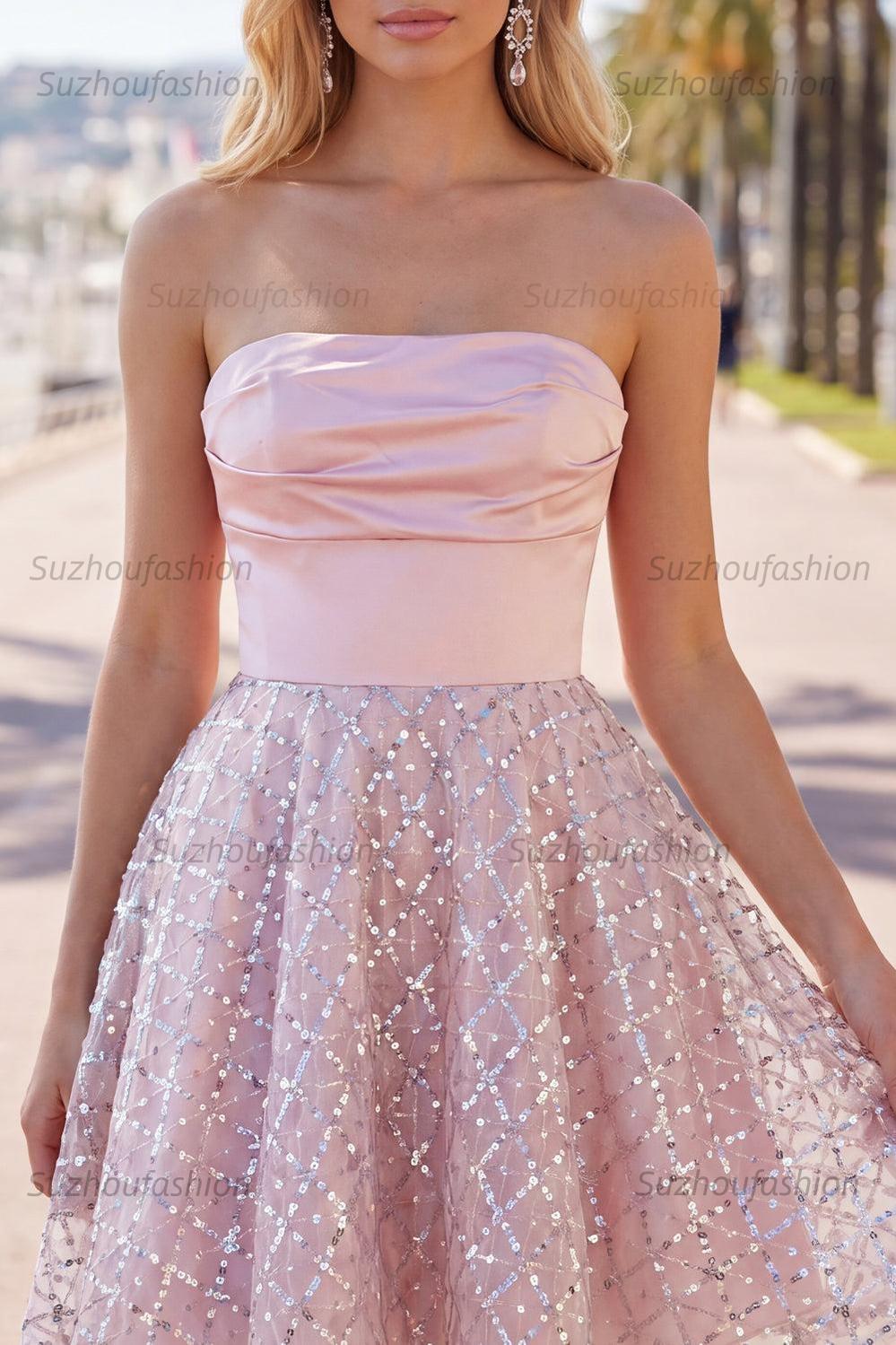 Suzhoufashion Blush Strapless Beaded Ruched A-Line Short Homecoming Dress
