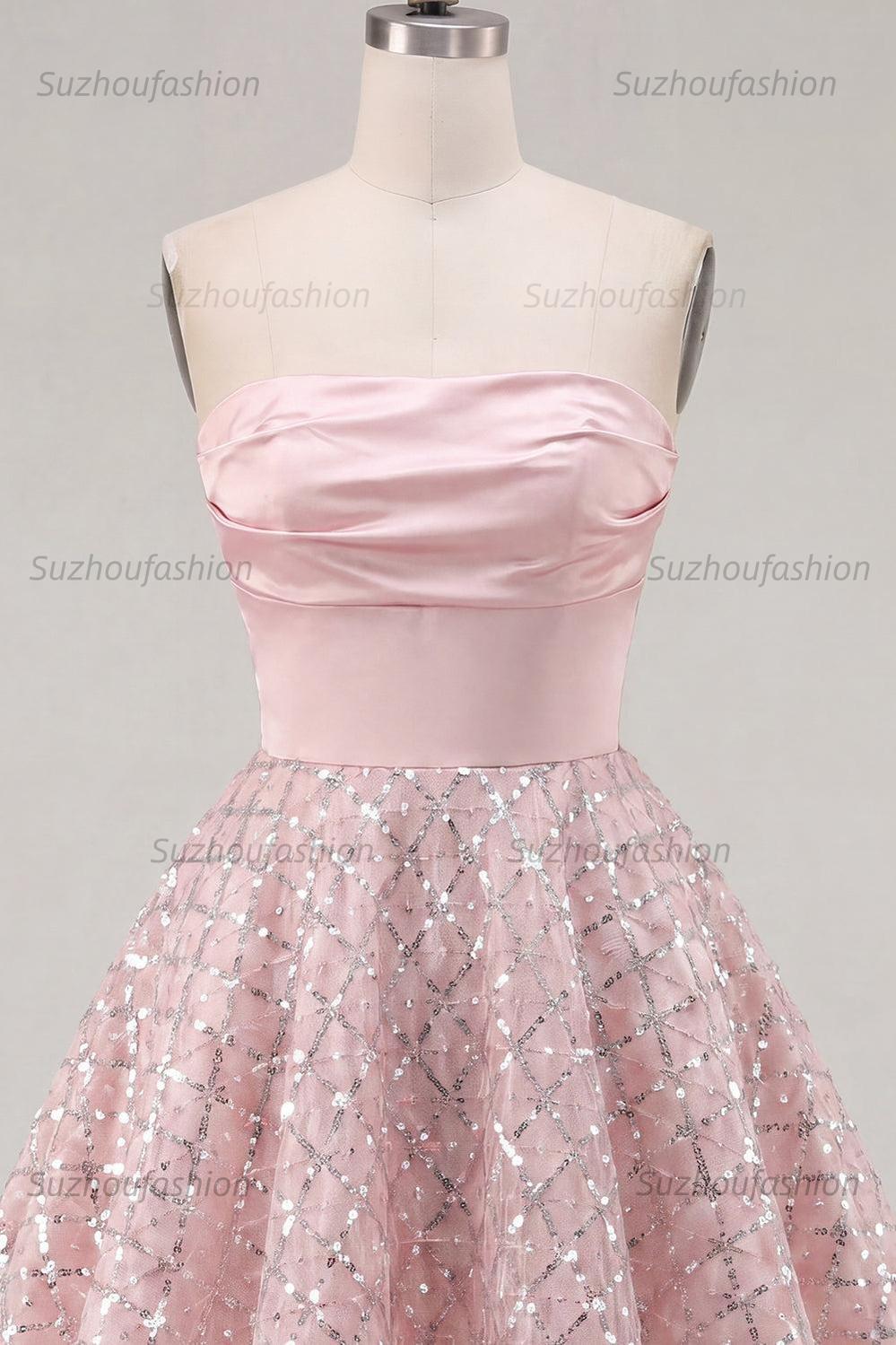 Suzhoufashion Blush Strapless Beaded Ruched A-Line Short Homecoming Dress
