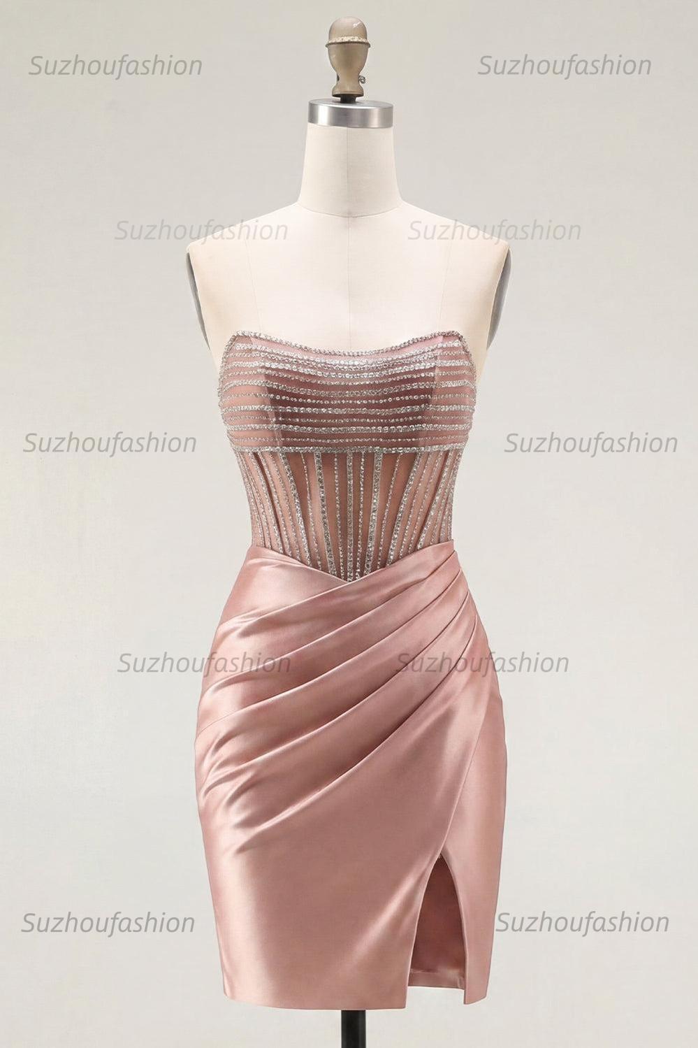 Suzhoufashion Blush Strapless Ruched Corset Tight Short Homecoming Dress with Slit