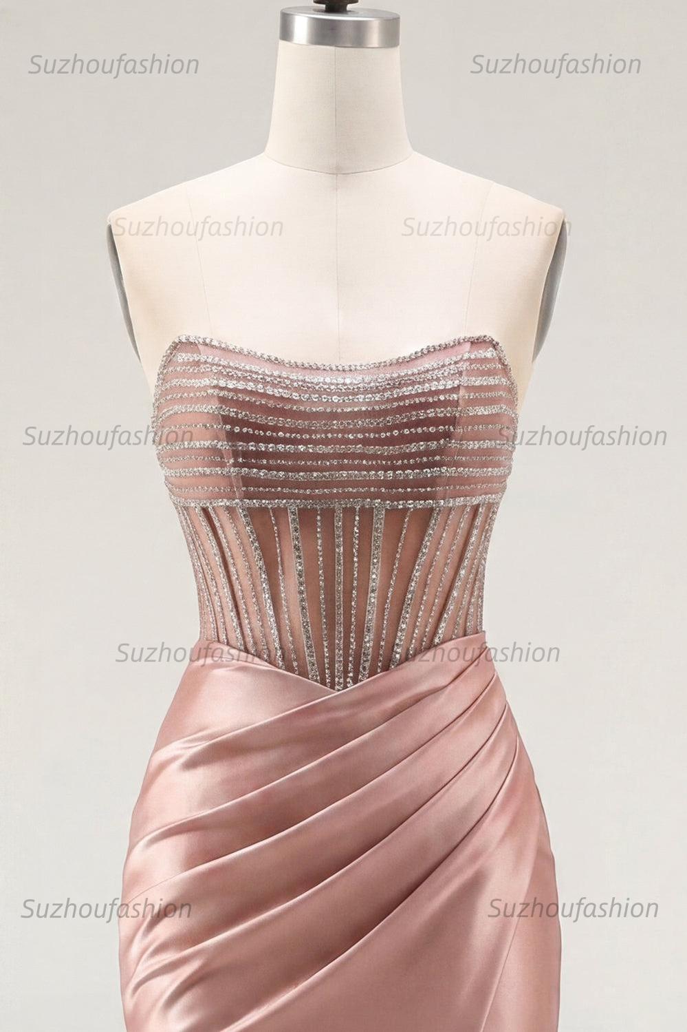 Suzhoufashion Blush Strapless Ruched Corset Tight Short Homecoming Dress with Slit