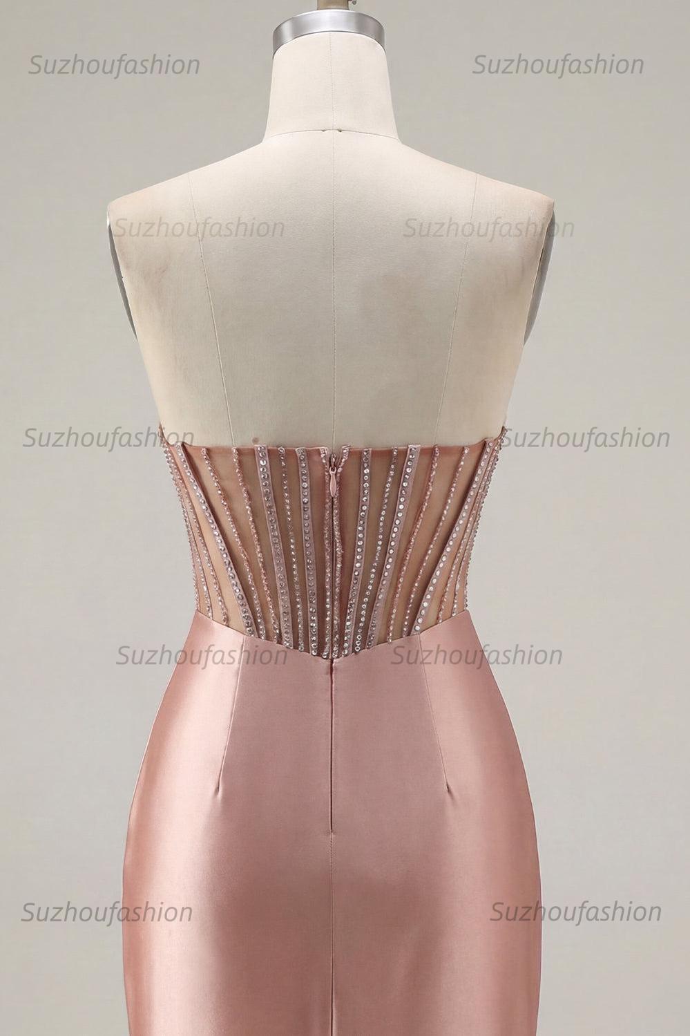 Suzhoufashion Blush Strapless Ruched Corset Tight Short Homecoming Dress with Slit