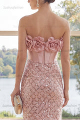 Suzhoufashion Blush Strapless Sequin Corset Short Homecoming Dress with 3D Flowers