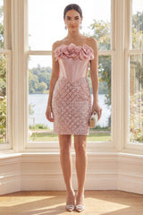 Suzhoufashion Blush Strapless Sequin Corset Short Homecoming Dress with 3D Flowers