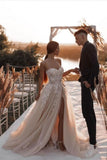 Suzhoufashion Boho Champagne Tulle Wedding Dresses With Slit A-Line Lace Sleeveless